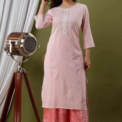 Women Peach Cotton Kurti With Palazzo
