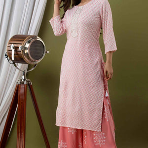 Women Peach Cotton Kurti With Palazzo
