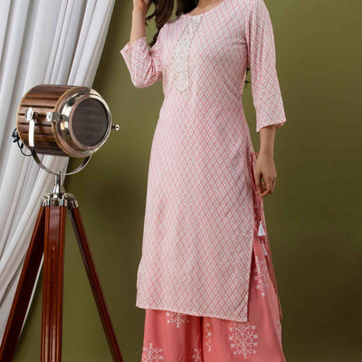 Women Peach Cotton Kurti With Palazzo