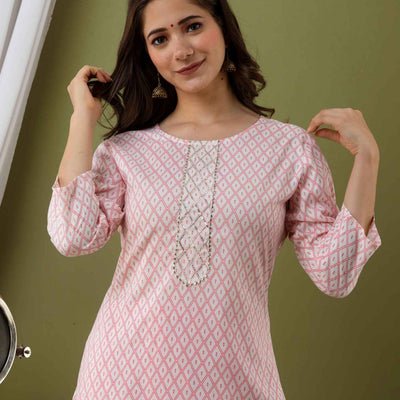 Women Peach Cotton Kurti With Palazzo