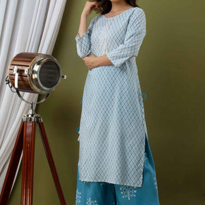 Women Blue Cotton Kurti With Palazzo