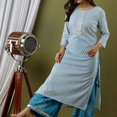 Women Blue Cotton Kurti With Palazzo