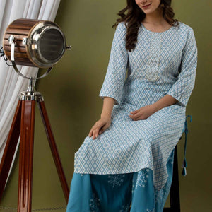 Women Blue Cotton Kurti With Palazzo