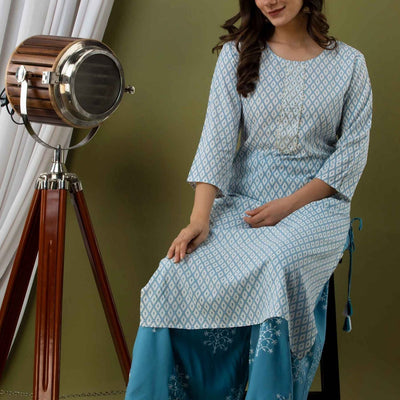 Women Blue Cotton Kurti With Palazzo
