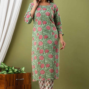 Women Green Floral Print Cotton Kurti with Pant & Dupatta