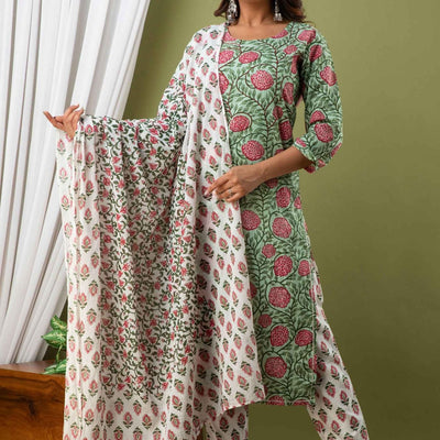 Women Green Floral Print Cotton Kurti with Pant & Dupatta