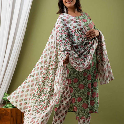 Women Green Floral Print Cotton Kurti with Pant & Dupatta