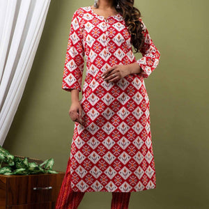 Women Red Traditional Print Cotton Kurti with Pant & Dupatta