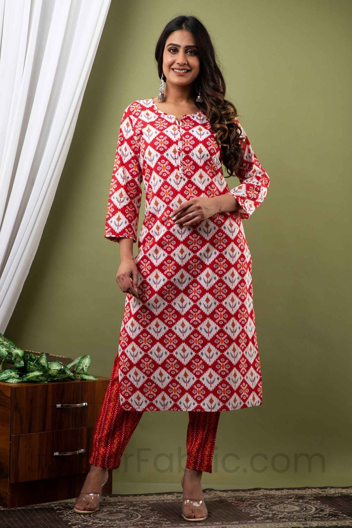 Women Red Traditional Print Cotton Kurti with Pant & Dupatta
