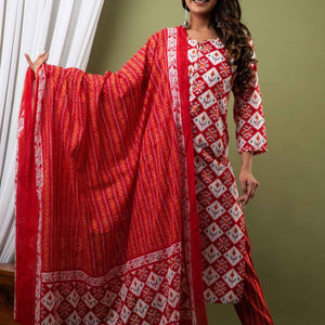 Women Red Traditional Print Cotton Kurti with Pant & Dupatta
