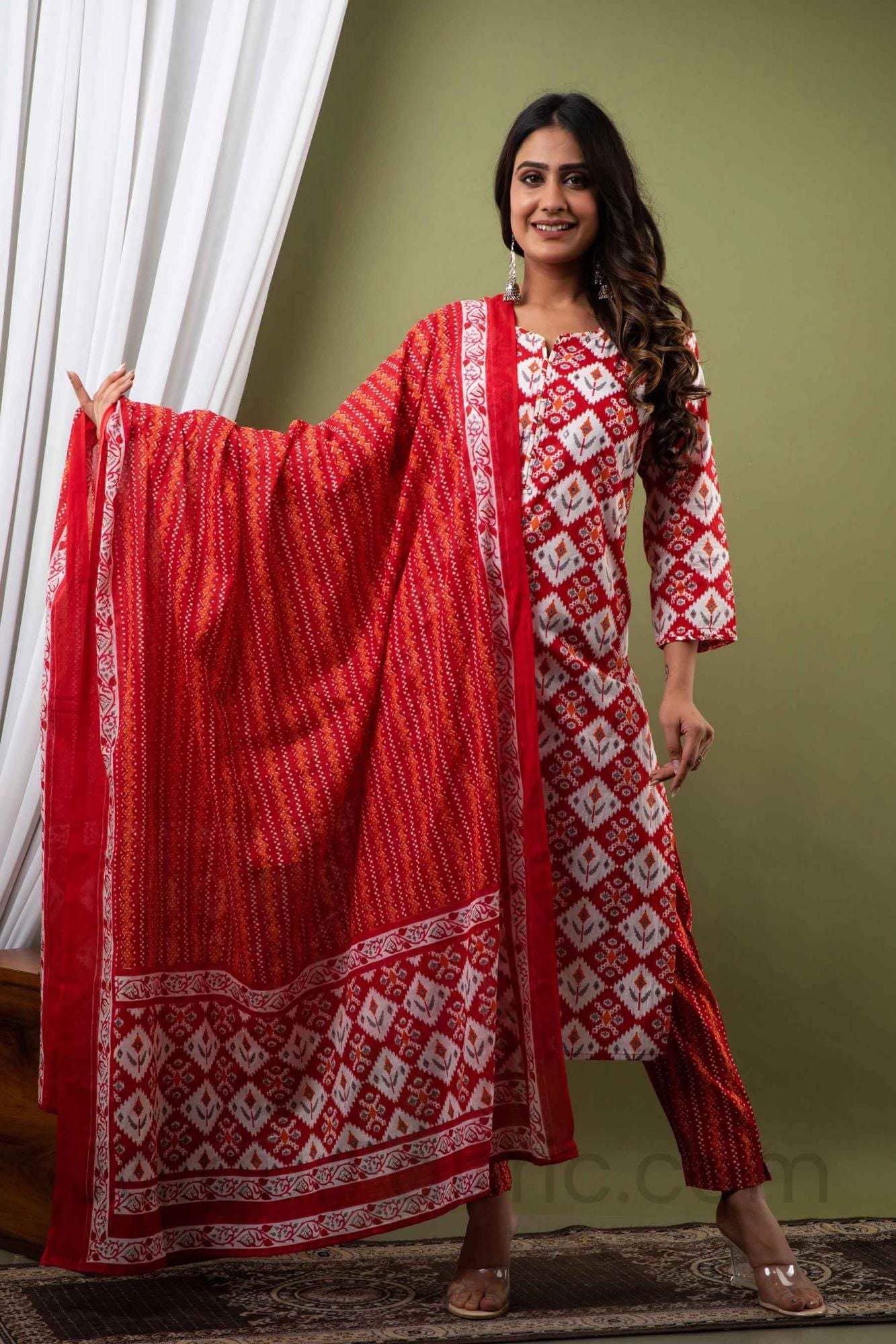Women Red Traditional Print Cotton Kurti with Pant & Dupatta