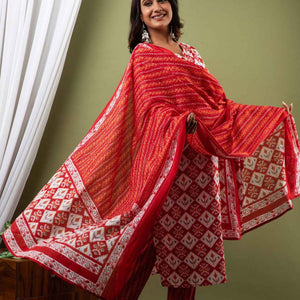 Women Red Traditional Print Cotton Kurti with Pant & Dupatta