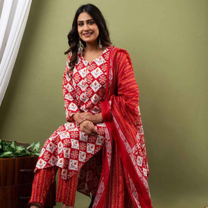 Women Red Traditional Print Cotton Kurti with Pant & Dupatta