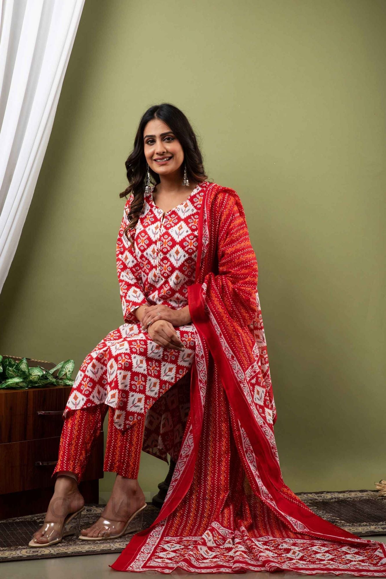 Women Red Traditional Print Cotton Kurti with Pant & Dupatta
