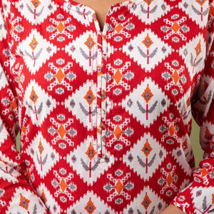 Women Red Traditional Print Cotton Kurti with Pant & Dupatta