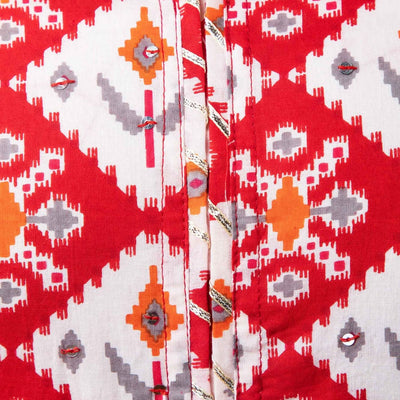 Women Red Traditional Print Cotton Kurti with Pant & Dupatta