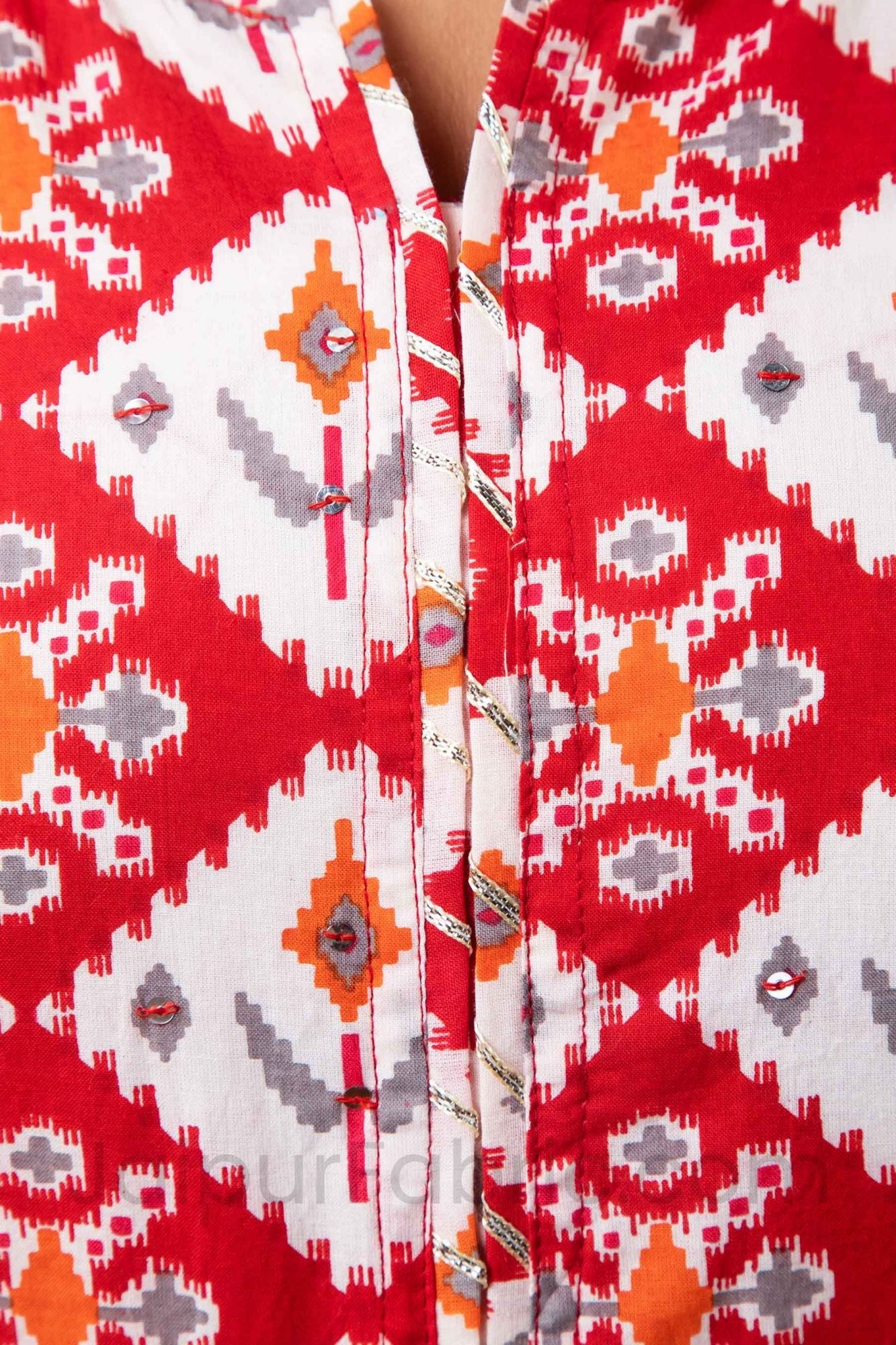Women Red Traditional Print Cotton Kurti with Pant & Dupatta