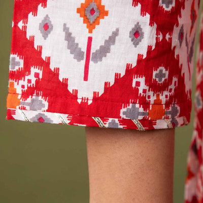 Women Red Traditional Print Cotton Kurti with Pant & Dupatta