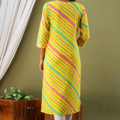 Women Yellow Lehriya Print Cotton Kurti