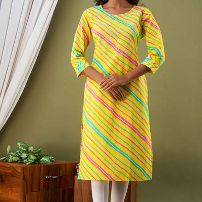 Women Yellow Lehriya Print Cotton Kurti