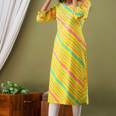 Women Yellow Lehriya Print Cotton Kurti