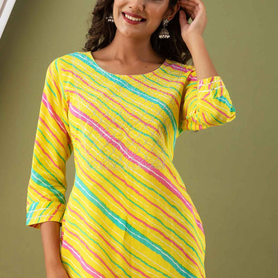 Women Yellow Lehriya Print Cotton Kurti