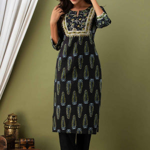 Women Black Cotton Kurti with Pant & Dupatta