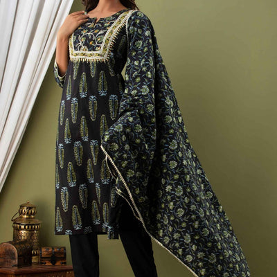 Women Black Cotton Kurti with Pant & Dupatta
