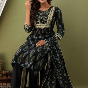 Women Black Cotton Kurti with Pant & Dupatta