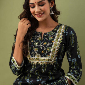 Women Black Cotton Kurti with Pant & Dupatta