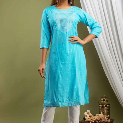 Women Blue Lining Cotton Kurti with Pant