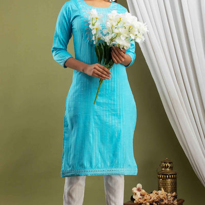 Women Blue Lining Cotton Kurti with Pant