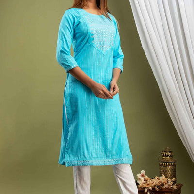 Women Blue Lining Cotton Kurti with Pant