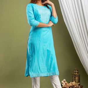 Women Blue Lining Cotton Kurti with Pant