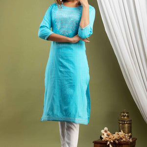 Women Blue Lining Cotton Kurti with Pant