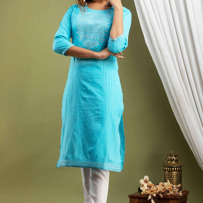 Women Blue Lining Cotton Kurti with Pant