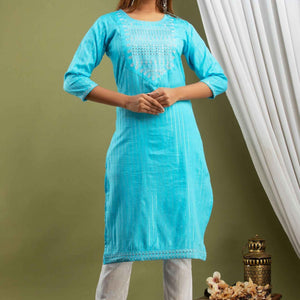 Women Blue Lining Cotton Kurti with Pant
