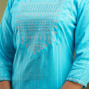 Women Blue Lining Cotton Kurti with Pant