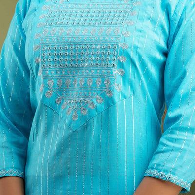 Women Blue Lining Cotton Kurti with Pant