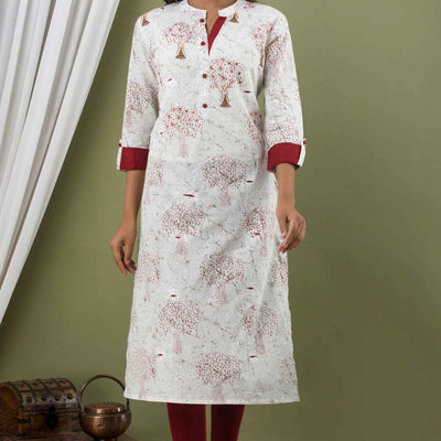 Women White Cotton Roll Up Sleeve Kurti
