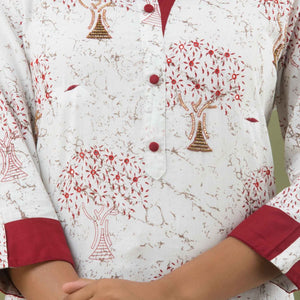 Women White Cotton Roll Up Sleeve Kurti