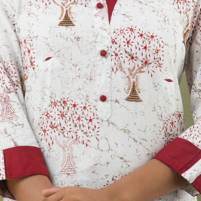 Women White Cotton Roll Up Sleeve Kurti