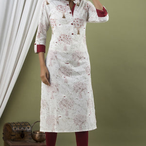 Women White Cotton Roll Up Sleeve Kurti