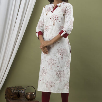 Women White Cotton Roll Up Sleeve Kurti