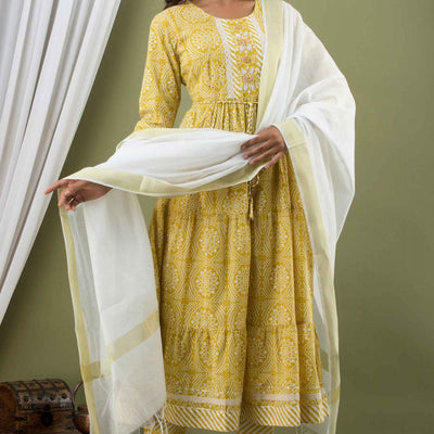 Women Yellow Frill Cotton Kurti with Pant & Dupatta