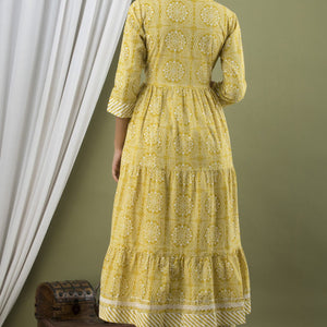 Women Yellow Frill Cotton Kurti with Pant & Dupatta