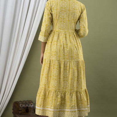 Women Yellow Frill Cotton Kurti with Pant & Dupatta