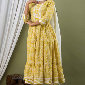 Women Yellow Frill Cotton Kurti with Pant & Dupatta