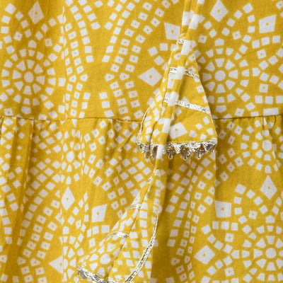 Women Yellow Frill Cotton Kurti with Pant & Dupatta