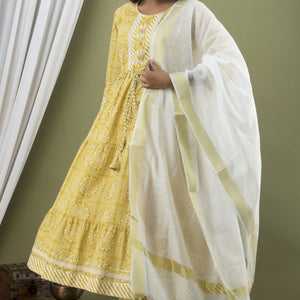 Women Yellow Frill Cotton Kurti with Pant & Dupatta